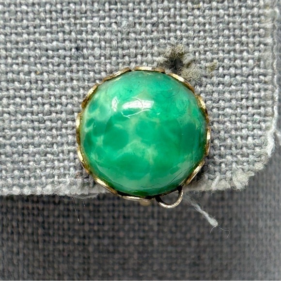 Vintage Faux Green Marble Stone Round Screwback Earrings Silver Tone - Picture 3 of 7